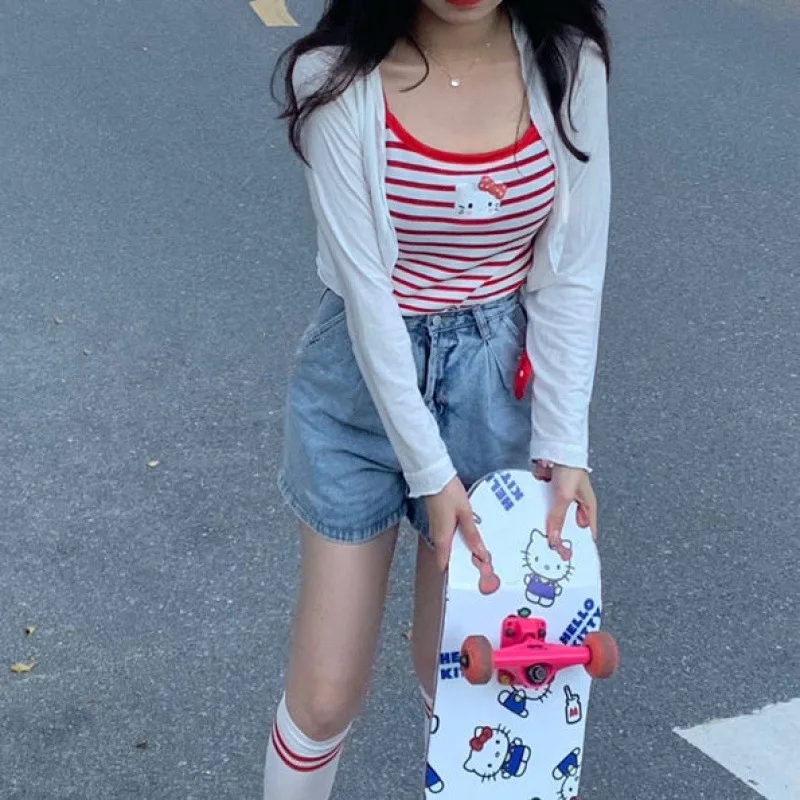 

Sanrioed HelloKittys Kuromi полосатый жилет без рукавов JK аниме кавайная девушка Милая внутренняя одежда спортивный жилет подарки
