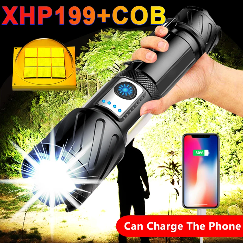 

50000LM Super Bright XHP199 LED Flashlight Zoomable USB Rechargeable High Powerf Magnetic Light Waterproof 18650 Tactical Torch