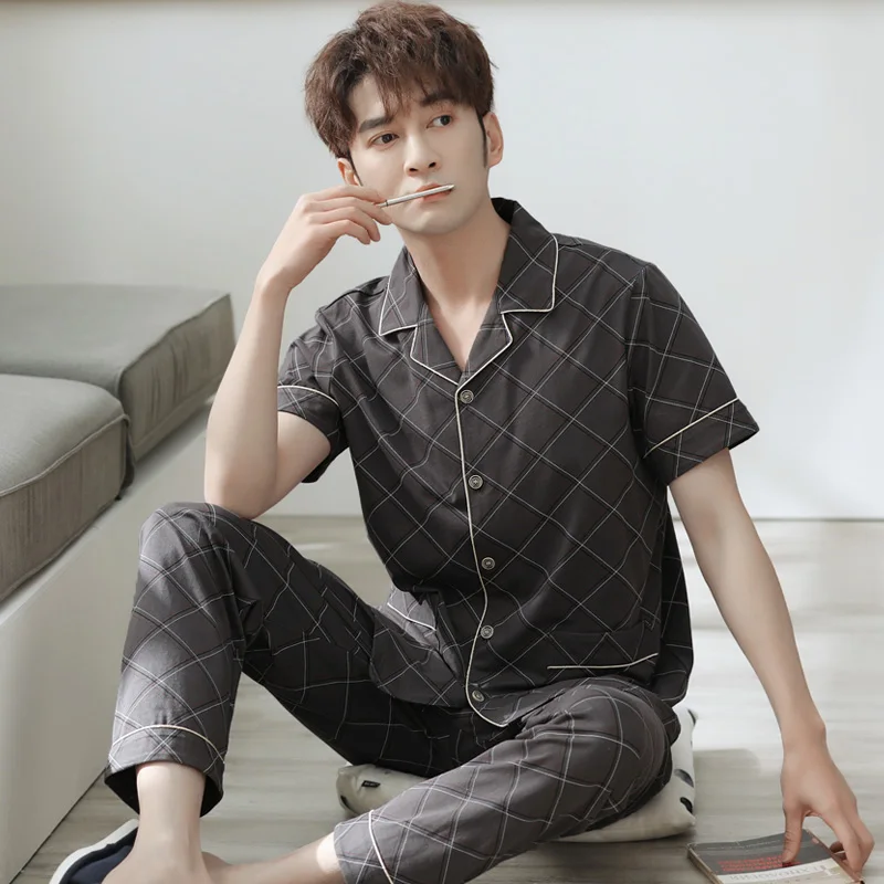 

100% Cotton Pijama for Men 2 Pieces Lounge Sleepwear Pyjamas Plaid Summer Home Clothes Man PJs Pure Cotton Pajamas Set