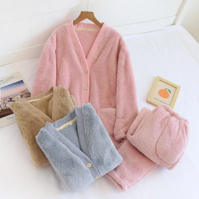 Winter New style Women's Pajamas Set Thickened Warm Flannel V-neck Casual Long Sleeve Pants Household Suit Two piece Set