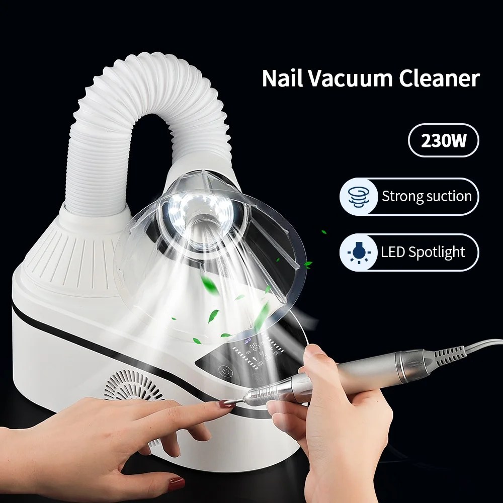 230W Strong Suction 360° Rotatable Nail Vacuum Cleaner With LED Spotlight Retractable Elbow Design Nail Manicure Dust Collector