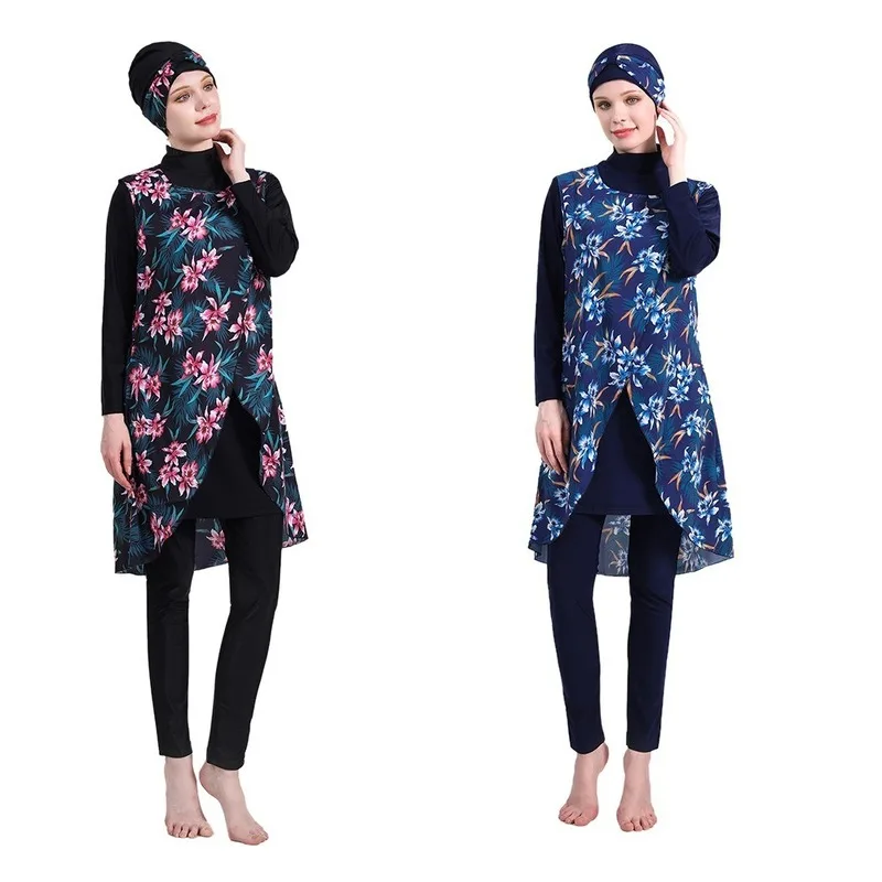 

Women Large Size Printed Floral Full Cover Muslim Swimwear Women Islamic Conservative Swimsuit Hijab Beachwear Bathing Suit 4pcs