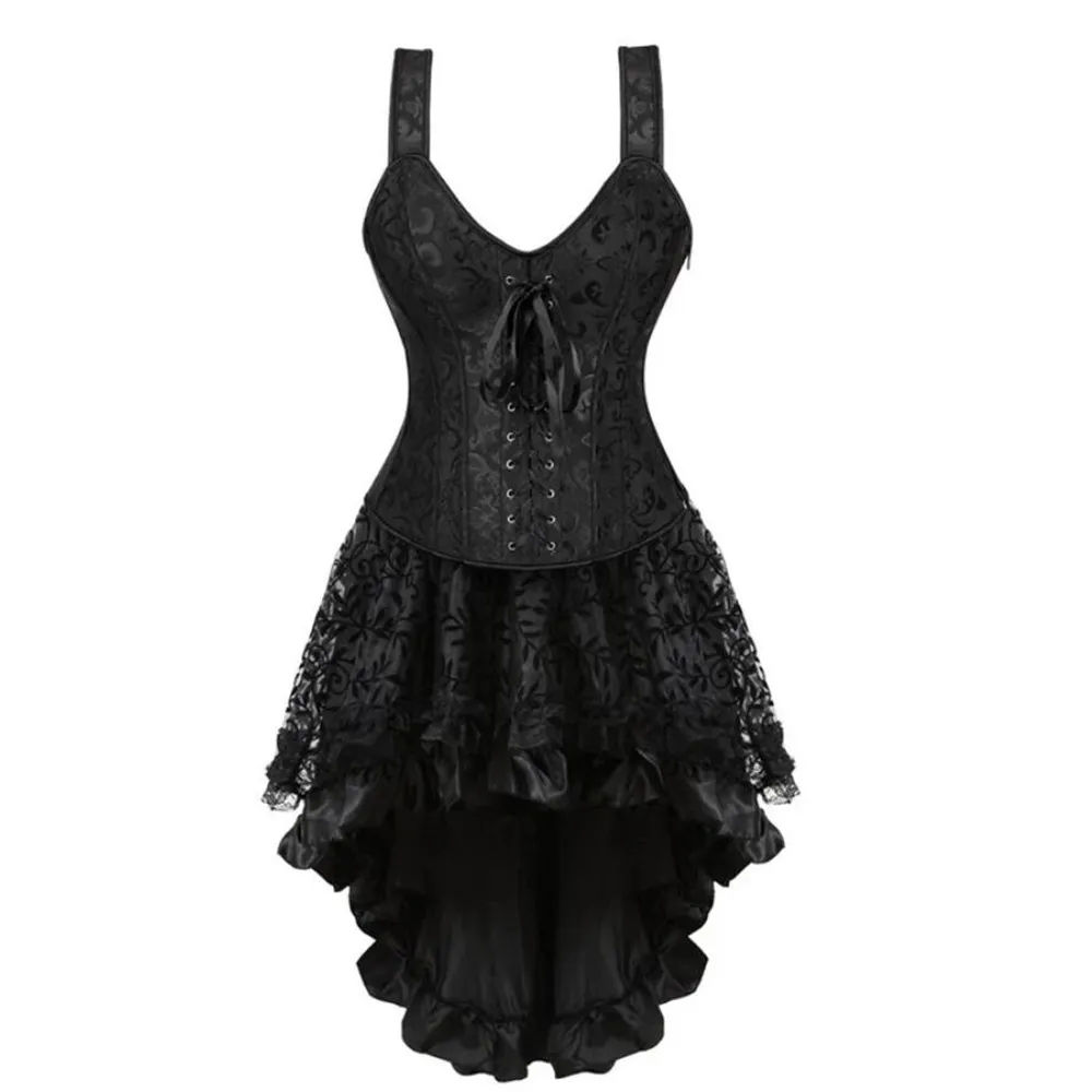 

Sexy Zipper Shoulder Straps Corsets For Women Plus Size Costume Overbust Corset And Skirt Set Corselet Burlesque Gothic Gowns