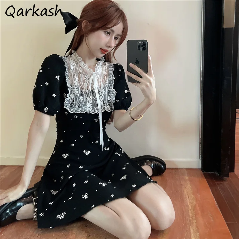 

Женское кружевное мини-платье с коротким рукавом, черное милое летнее платье-трапеция с цветочным принтом и высокой талией в стиле Харадзюк...