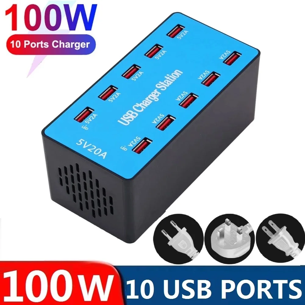 

100W Multi 10 Ports USB Charger HUB Fast Charger Phone Charge Multi USB Charging Station Desktop Chargers for iPhone Samsung htc