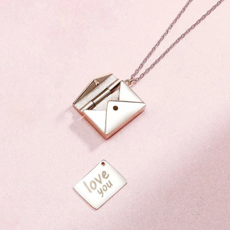 

Sterling Silver Short Charm Love Letter Card Chain Necklace Open Box 100% S925 Envelope Pendants for Women OnlyArt Jewelry