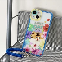 kawaii tiger sweet flowers lanyard transparent phone case for iphone 13 11 12 pro max xs max xr 7 8 plus case cute cartoon cover
