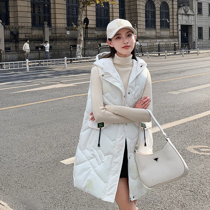 

GRELLER 2023 Autumn Winter Women Solid Loose Hooded Long Vest Jacket Bright Color Cotton Padded Women Windproof Warm Waistcoat