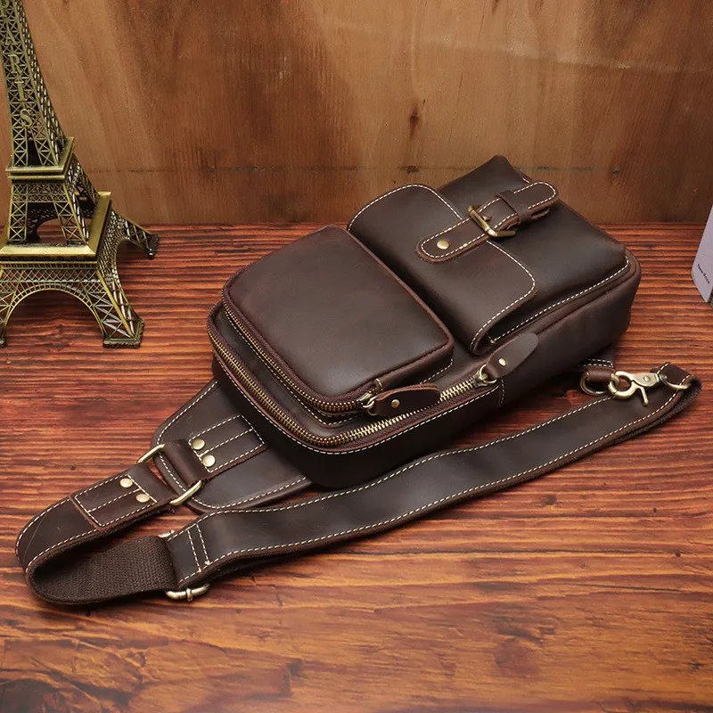 Vintage fashion luxury Crazy Horse cowhide men's multi-pocket chest bag Casual outdoor daily travel cowhide Selling shoulder bag