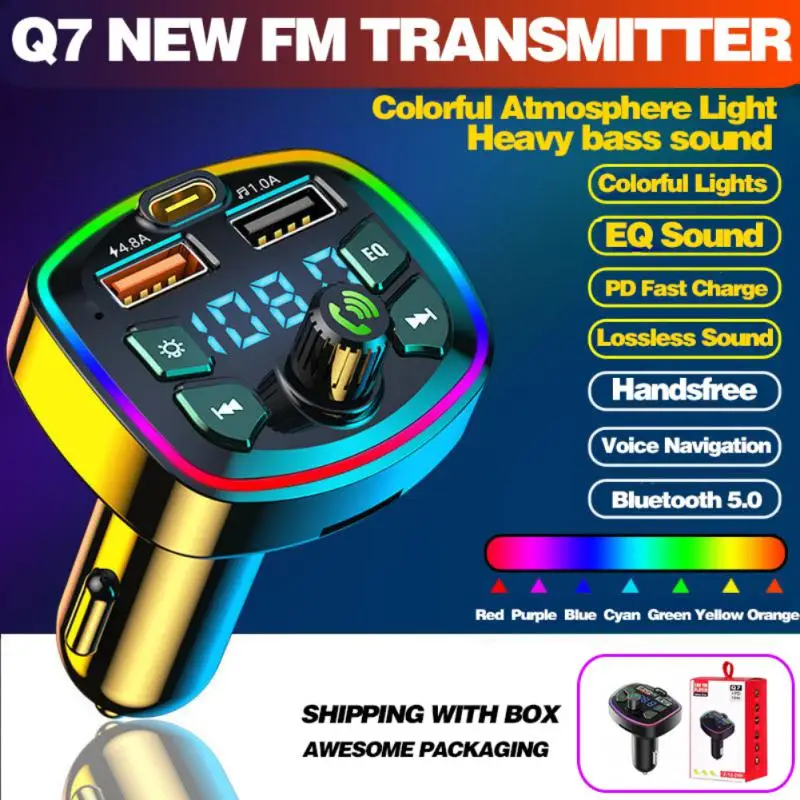 

Car Bluetooth 5.0 FM Transmitter PD 18W Type-C Dual USB 4.2A Fast Charger LED Backlit Atmosphere Light MP3 Player Lossless Music