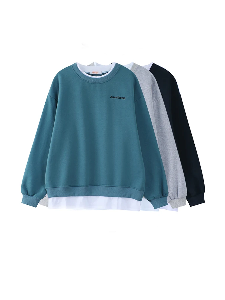 

2022 Women New Autumn Winter Crew-neck Fake Two Pieces Jumper Loose Casual Long Sleeve Streetwear Simplicity Pullover Hoodies