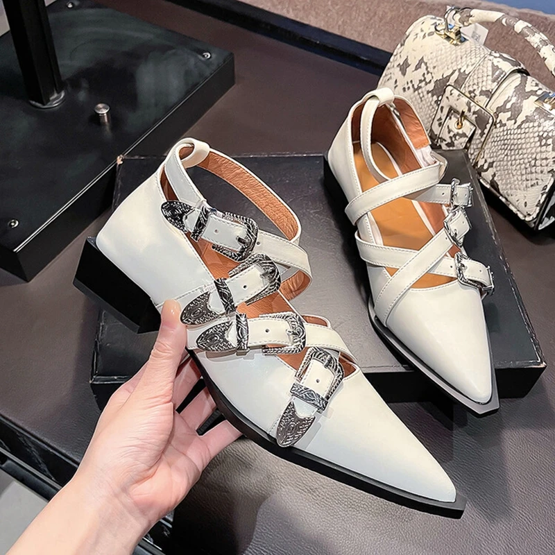 

New 2023 Spring Women Pumps Split Leather Shoes for Women Pointed Toe Chunky Shoes Low Heel Mary Janes Fashion Belt Buckle Shoes