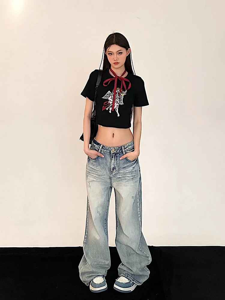 HOUZHOU Y2K Retro Distressed Baggy Jeans Women Vintage 90s Streetwear Oversized Denim Pants Korean Grunge Hippie BF Trousers