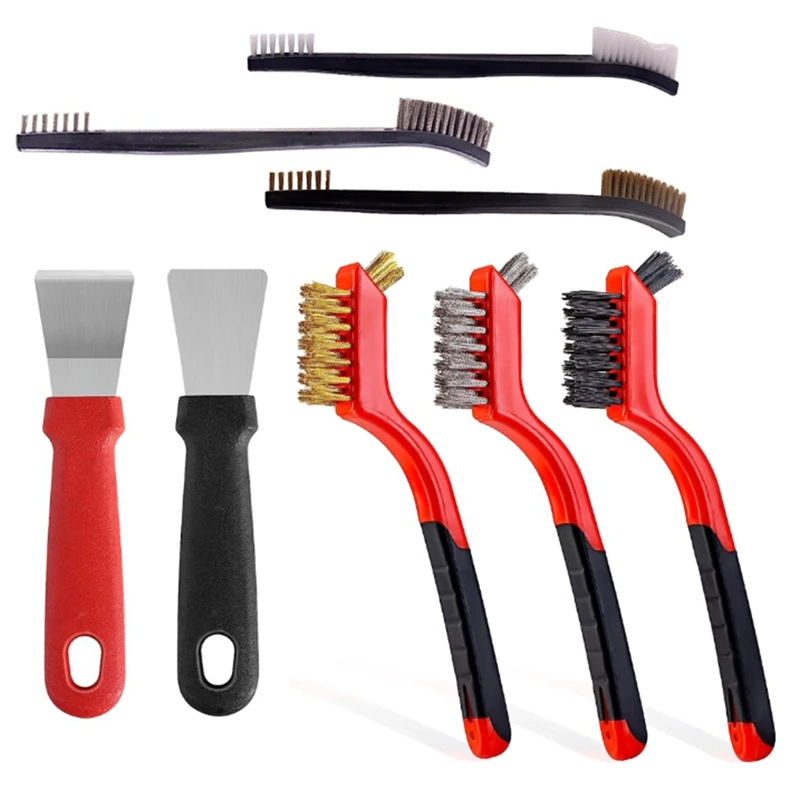 

8Pcs Small Brass/Stainless/Nylon Steel Scratch Brushes Black & Red Metal+Plastic With Paint Scraper For Rust,Dirt