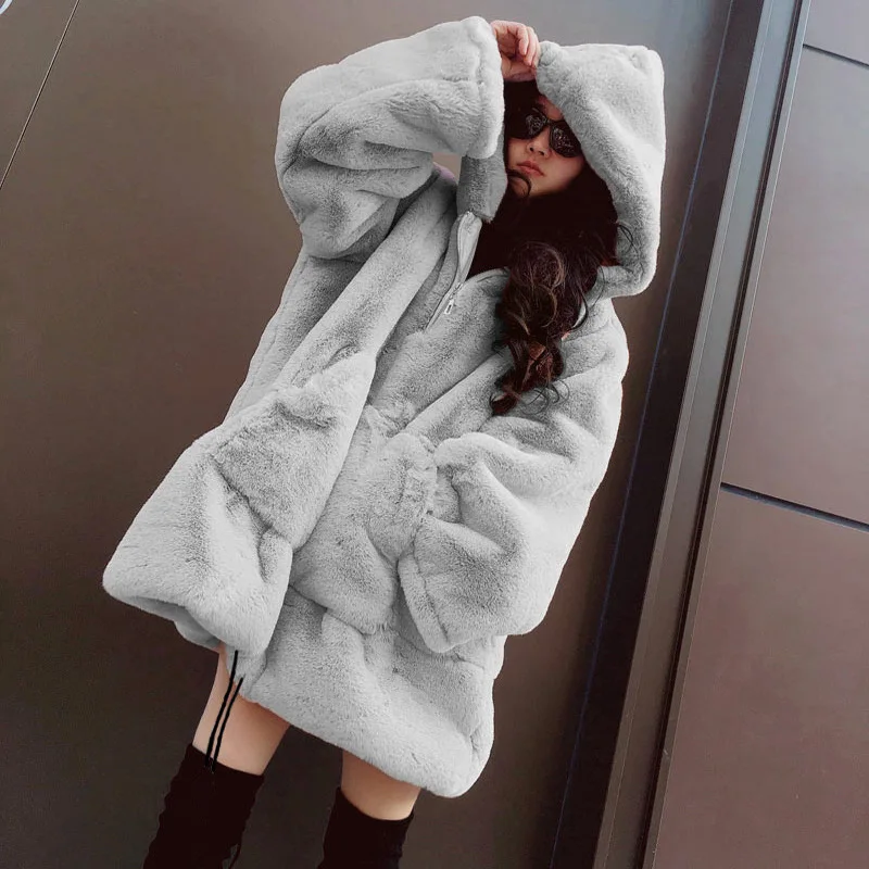

Зимнее теплое толстое Женское пальто оверсайз с капюшоном из искусственного меха длинные пальто Женская куртка модное свободное плюшевое ...