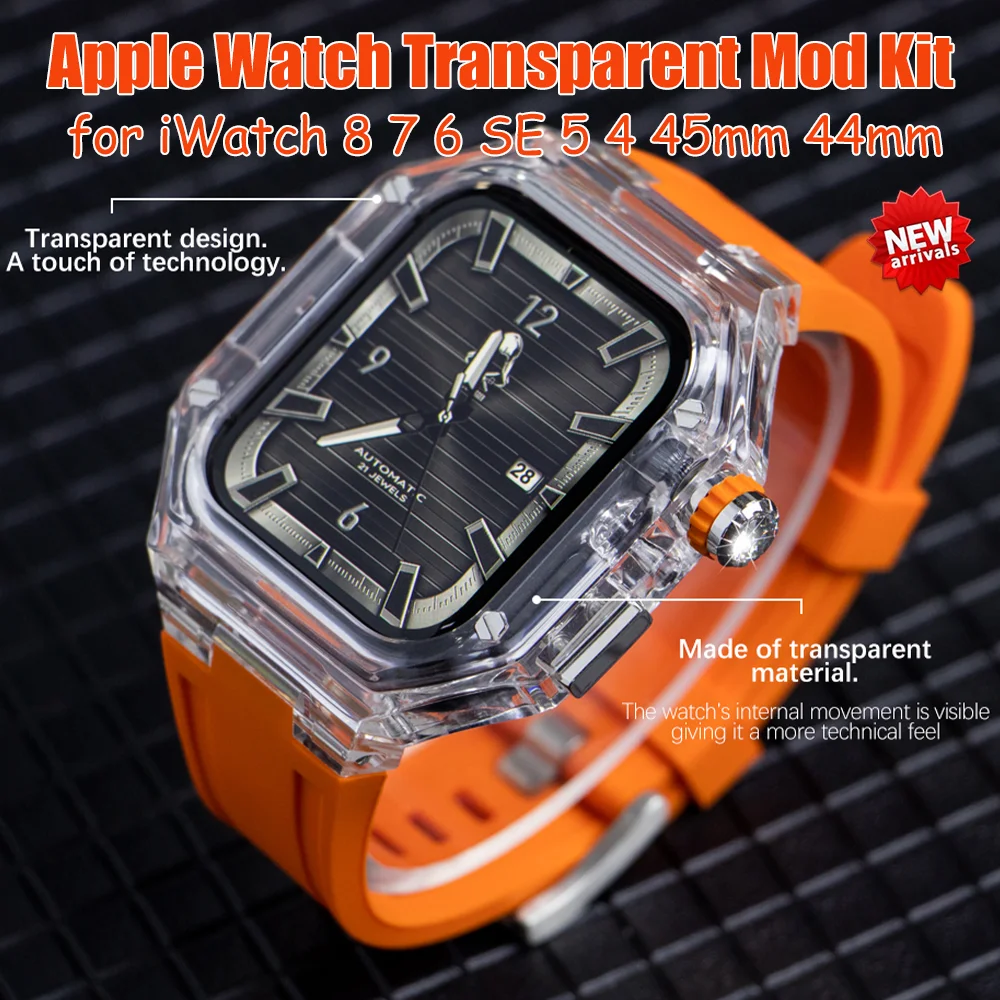 

Роскошный прозрачный модифицированный набор для часов "ледник" для Apple Watch, модель 8, 7, 6, SE, 5, 4, 45 мм, 44 мм, резиновый ремешок, модель IWatch Series 8
