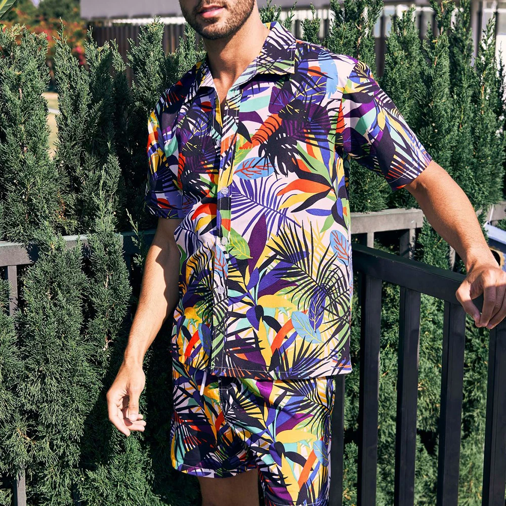 Men's Coconut Tree Print Casual Short-sleeved Shorts Suit Beach Vacation Hawaii Lapel Handsome Floral Shirt Two-piece Set Summer