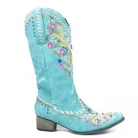 Gnazhee 2022 Women's Western Boots Flowers Comfy Walk Slip On Square Heels Toe Comfy Walking Cowboy Cowgirls Shoes