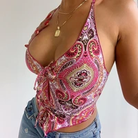 2021 women v neck pink y2k aesthetic crop top summer halter backless off shoulder bandage ruched print sexy tank tops vintage