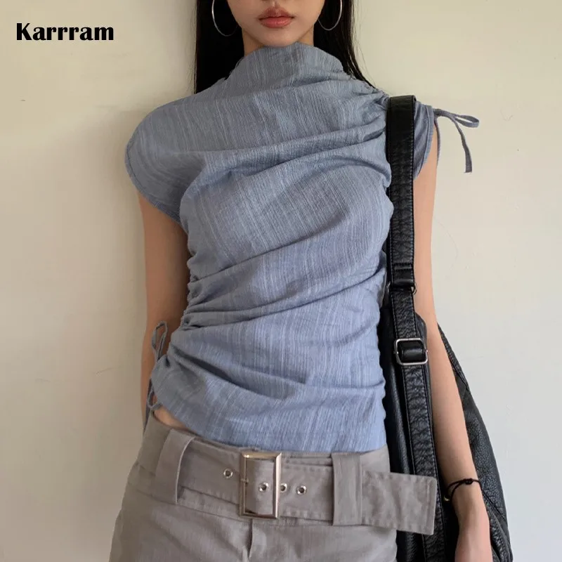 

Karrram корейские модные асимметричные топы гранж тонкая футболка без рукавов рубашка Kpop шикарная Дизайнерская одежда винтажная уличная одежда Y2k