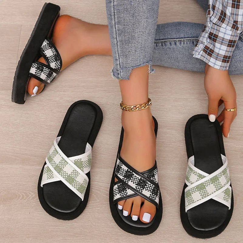 

New 2022 Summer Platform Slippers Women's Plaid Cross Upper Home Slides Ladies Beach Casual Sandals Size 43 zapatos de mujer