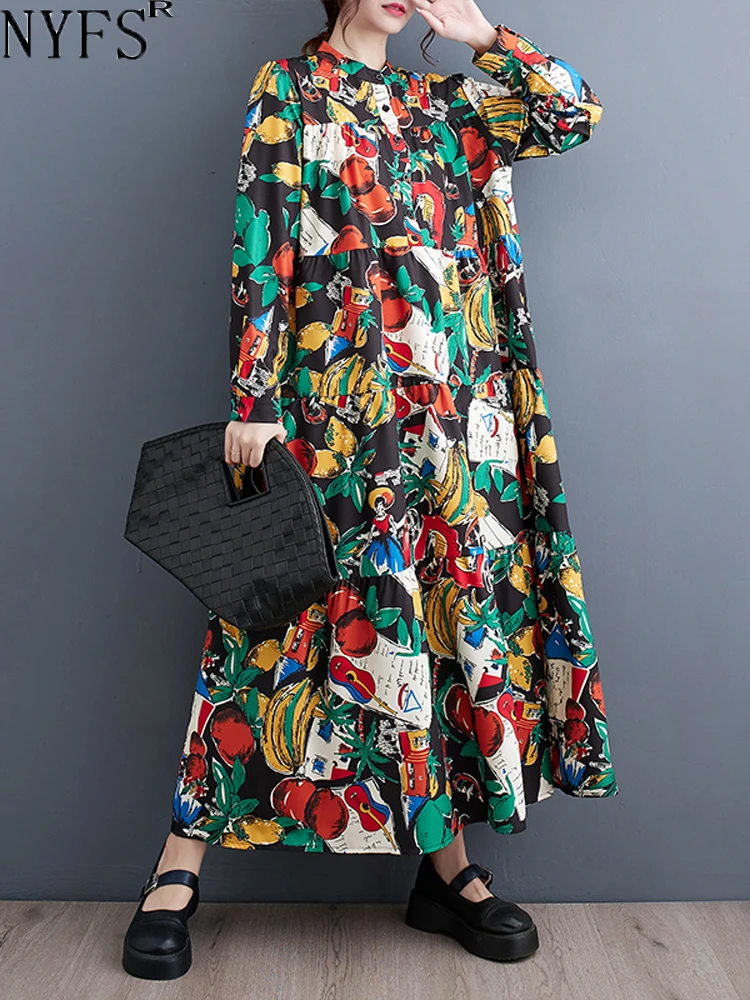 

Женское длинное платье с длинным рукавом, свободное корейское платье с длинным рукавом и модным принтом, осень 2023