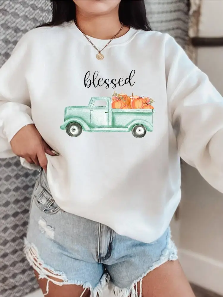 

Женские осенние модные пуловеры, свитшоты с рисунком тыквы и грузовика, осенняя одежда в мультяшном стиле, женские свитшоты с графическим р...