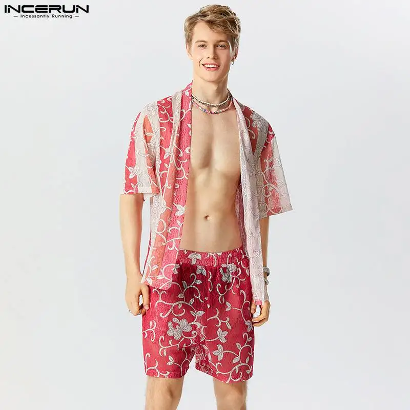 

Men Sets Printed Vacation See Through Short Sleeve Cardigan Shirt & Shorts 2PCS 2023 Summer Casual Men Hawaiian Suits INCERUN