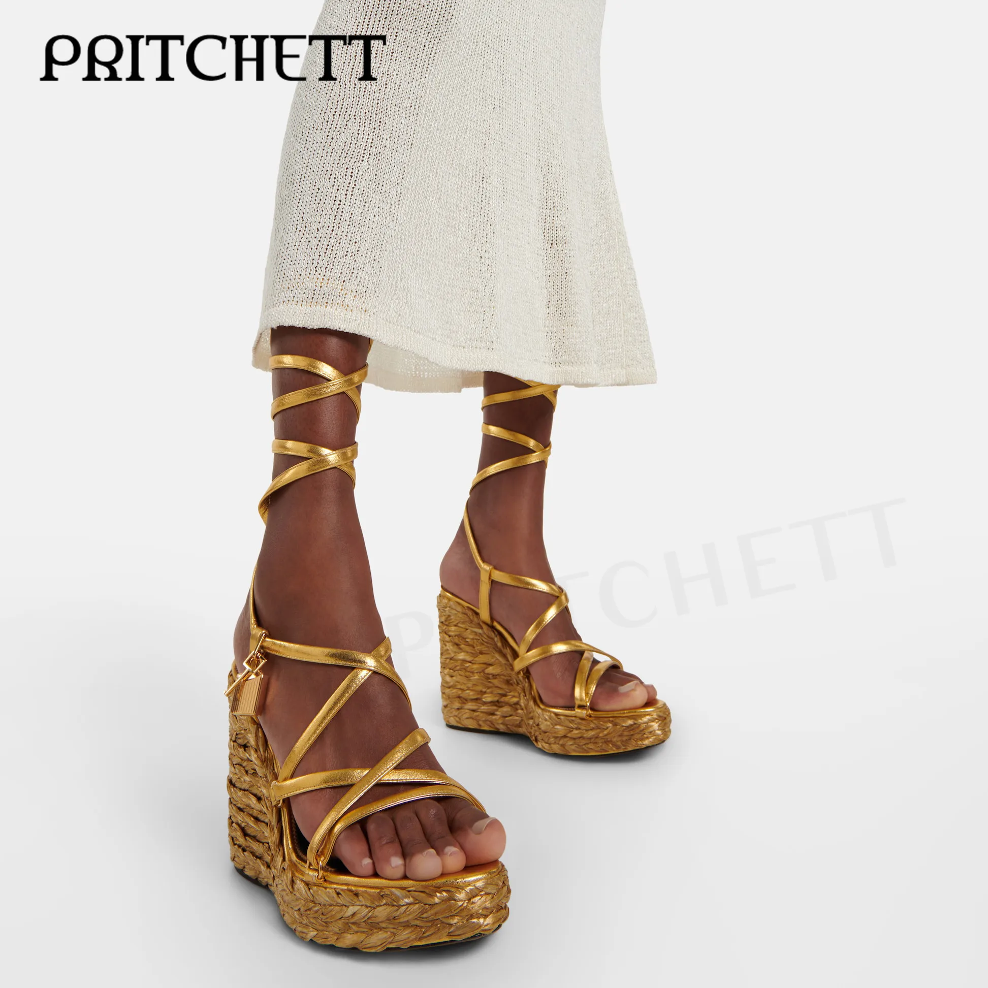 

Gold Braided Wedge Metal Lock Key Sandals Round Toe Wedge Thick Sole Cross Stiletto High Heel Sandals Ankle Lace Up Women's Shoe