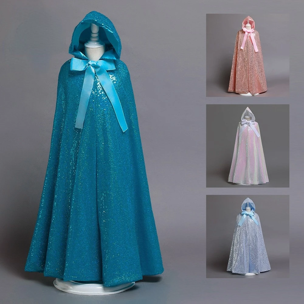 

Halloween Xmas Frozen Aisha Cosplay Princess Cloak Overcoat Girl's Lace-up Thermal Shawl Kids Elsa Solid Hooded Coplay Cloak
