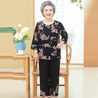 fdfklak elderly womens summer cotton linen suit grandma clothes middle aged mother 34 sleeve shirt long pant two piece set