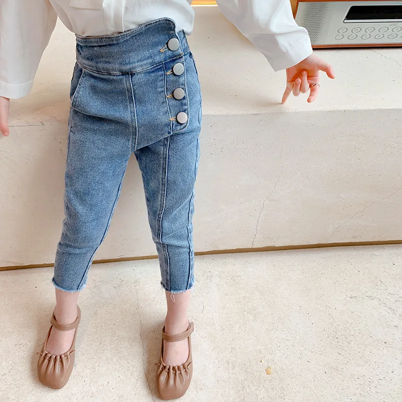 

Girls Jeans Spring Autumn 2022 Kids Clothes Novel Single-breasted Design Baby Casual Trousers Elastic Big Hips Denim Harem Pants