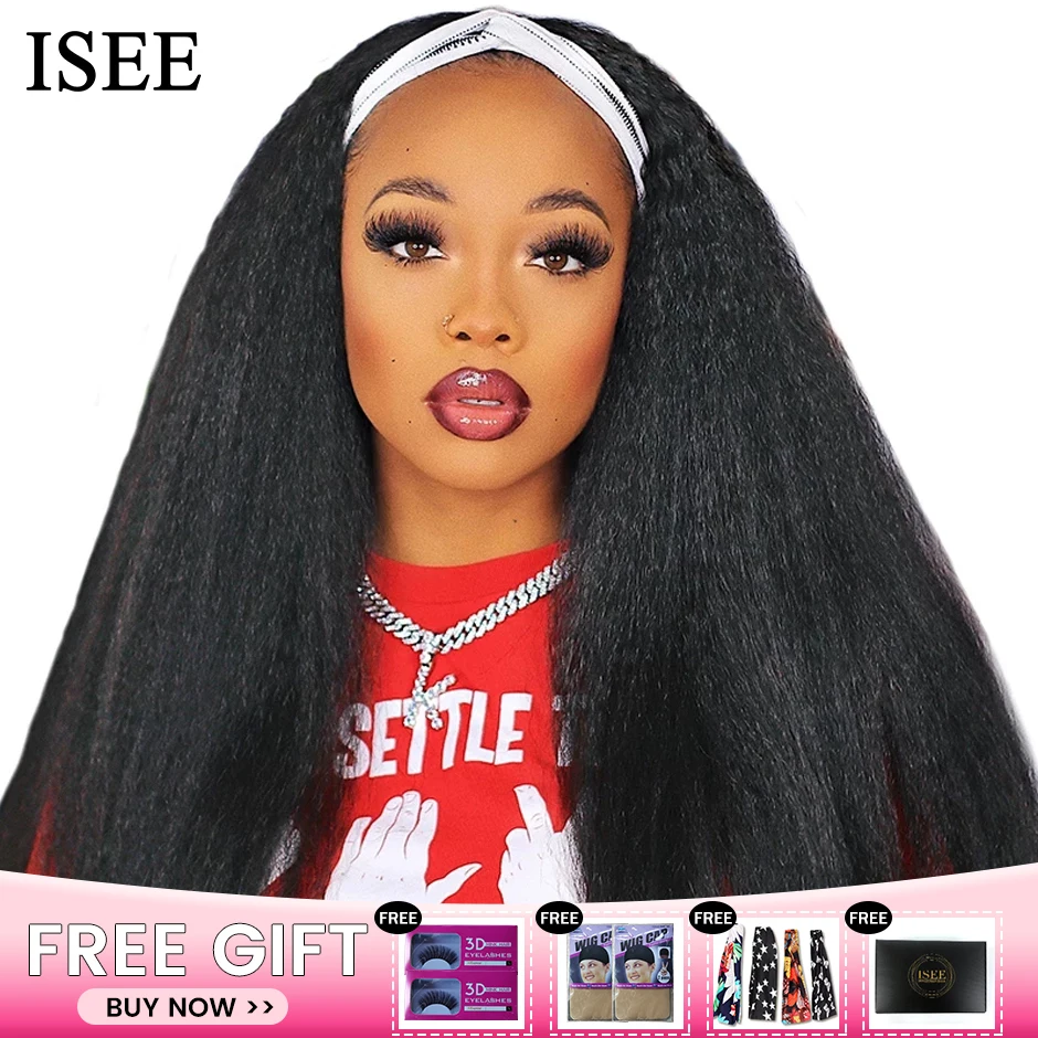 

ISEEHAIR Headband Wig Natural Color Mongolian Yaki Straight Human Hair Wigs Scarf Wig Kinky Straight Wig Glueless Wig for Women