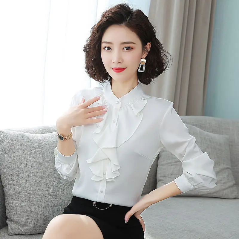 

Korean Fashion Office Lady Chiffon Blouse Ruffles Long Sleeve Spring Autumn Loose Cardigan Solid White Women Elegant Shirt 2022