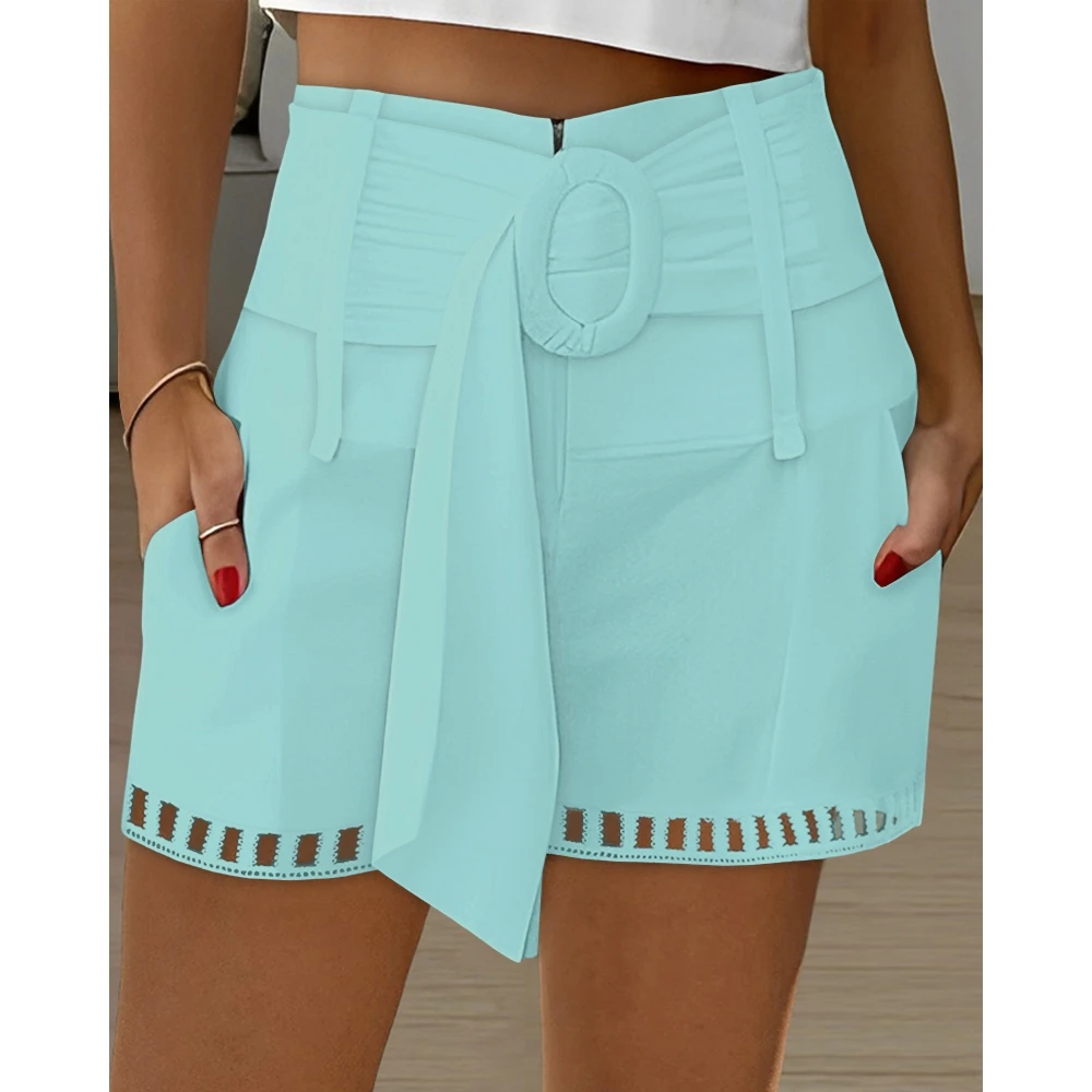 Korean Style Women High Waist Belted Pocket Design White Shorts Female Casual Elegant 2023 New Summer Hollow-out Hot Pants