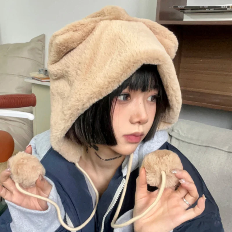 

New Cute Bear Ear Hat Winter Women Beanies Caps Warm Casual Plush Hats Casual Solid Fleece Girl Kawaii Present