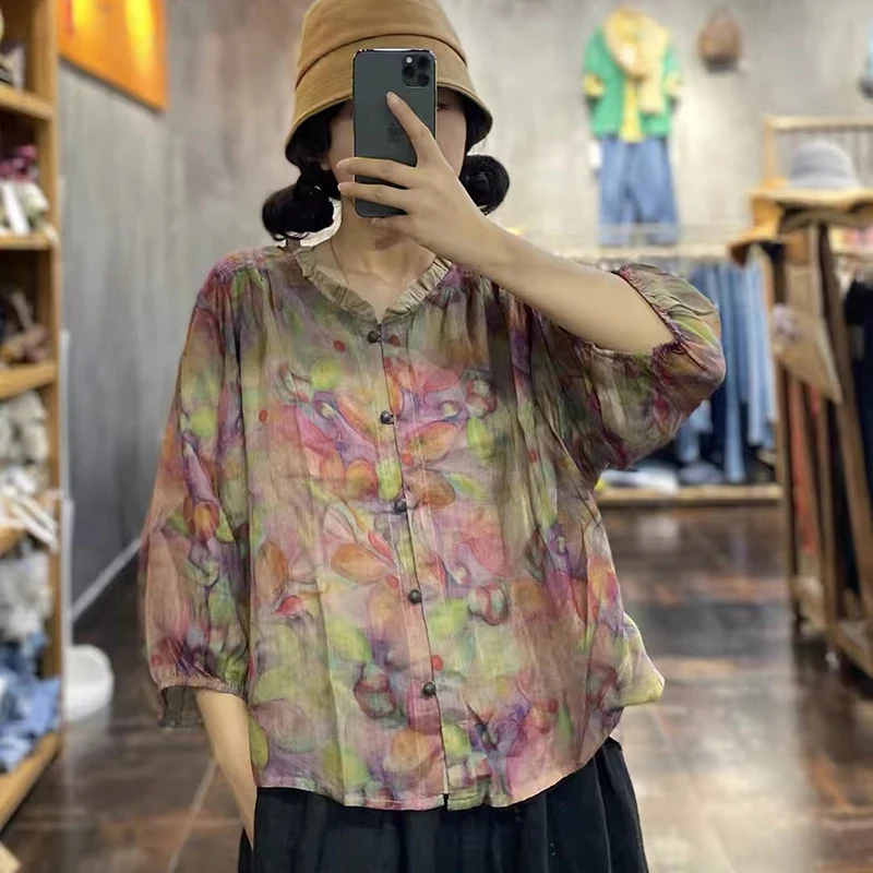 Женская свободная рубашка с коротким рукавом однобортная блузка из хлопка и льна