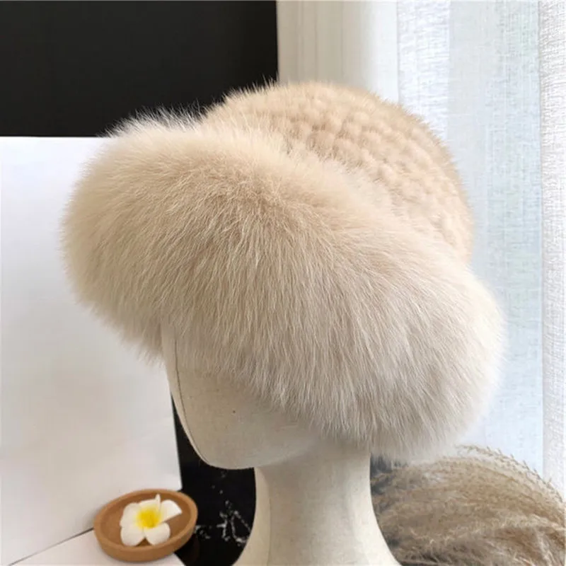 Real Mink Fox Fur Knitted Bucket Hats Fashion Thick Fur Fisherman Caps Women Winter Warm Top Beanies Apparel Accessories