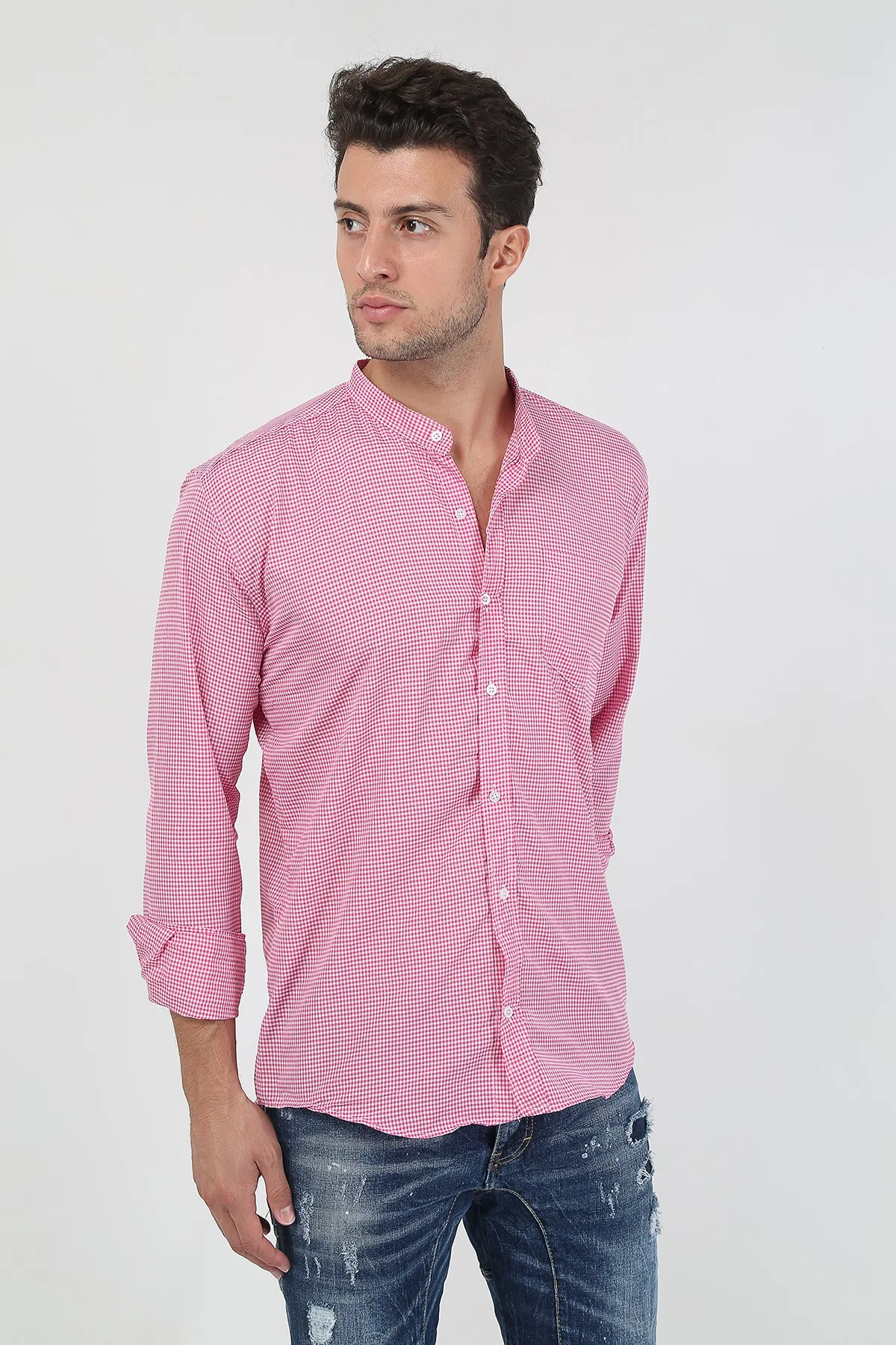 Therapy Men Male Plaid Crew Neck Long Sleeve Shirt 21Y-4300597-2 Pink
