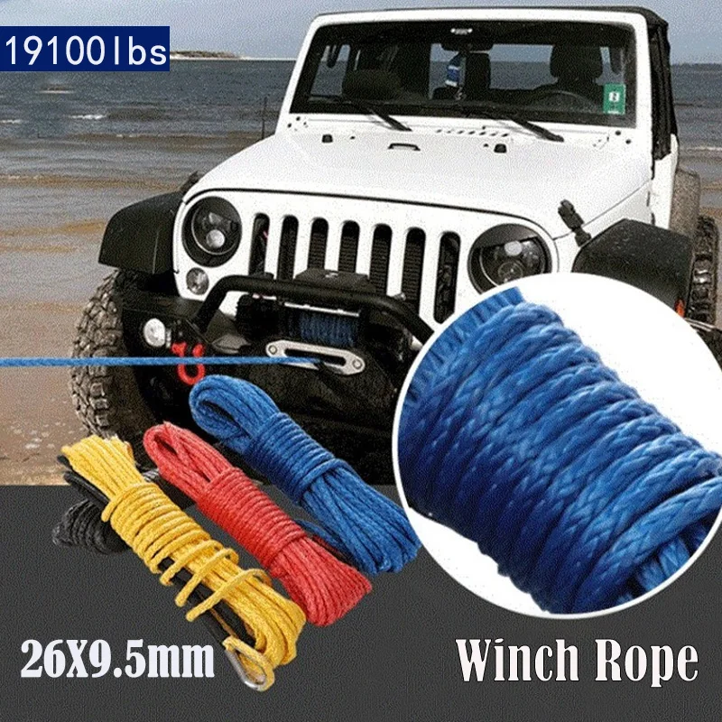 19100lbs 26mx9.5mm Car Outdoor Accessories Synthetic Winch Rope Cable Truck Boat Emergency Replacement ATV UTV 12 Strand String