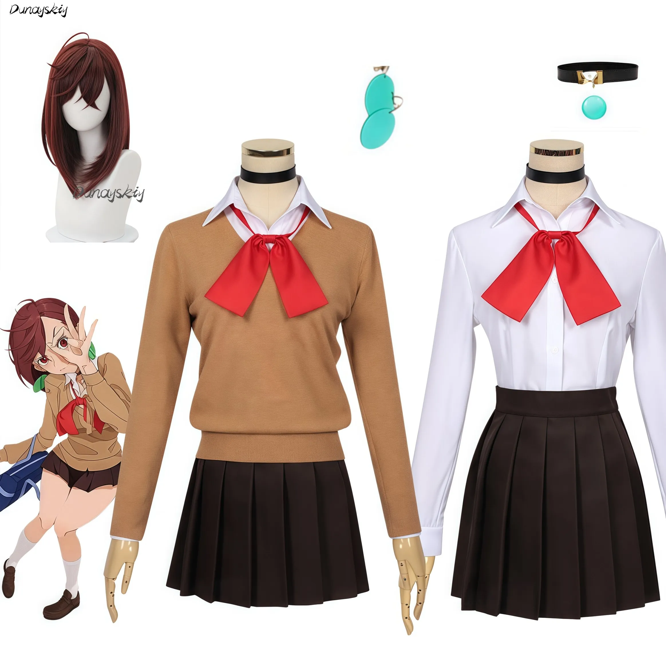 Anime Dandadan Momo Ayase Cosplay Costume Wig Brown Sweater Skirt School Uniform Props Earrings Halloween Party Customized