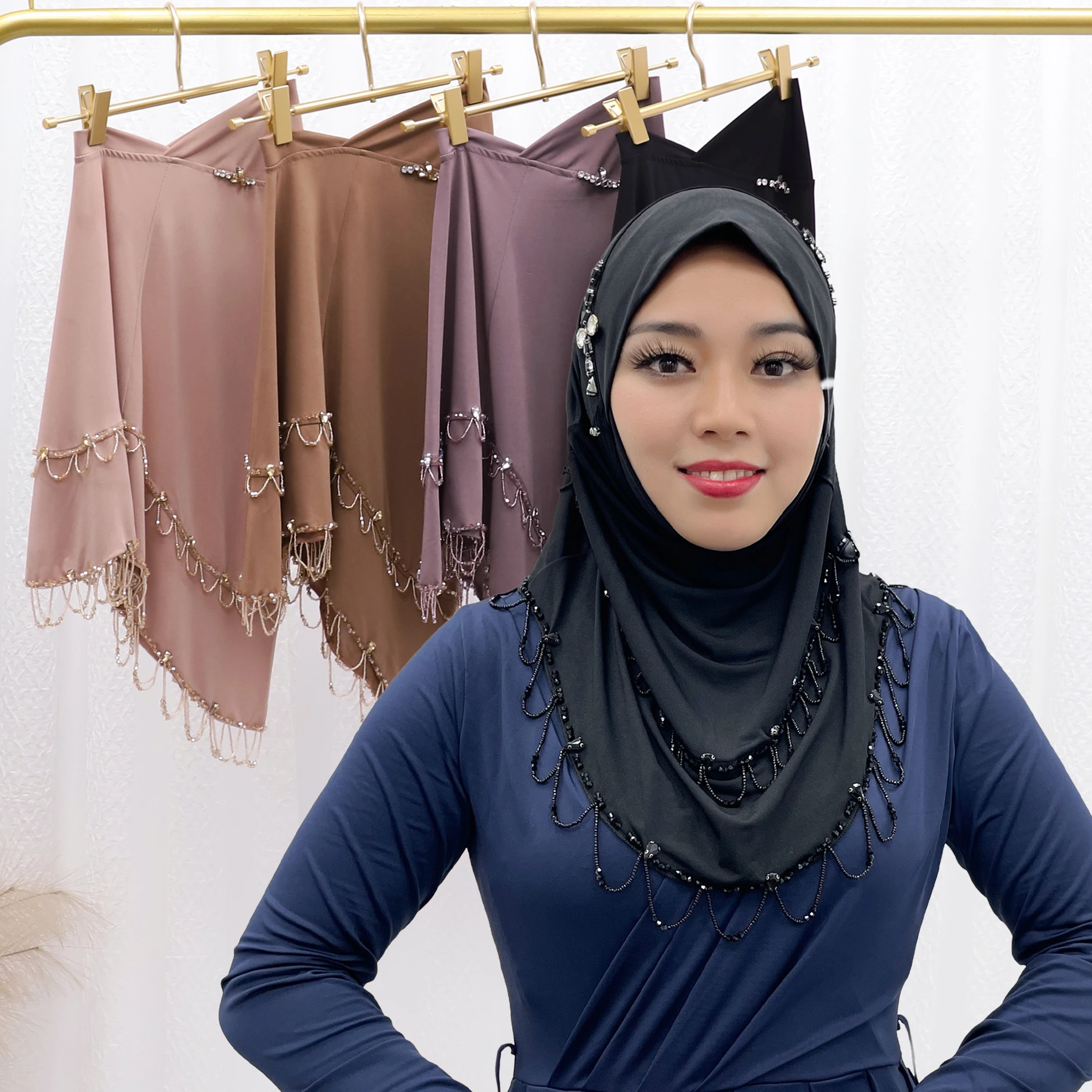 Женский Элегантный Однотонный Арабский Хиджаб С Цветочным Узором Из Бисера