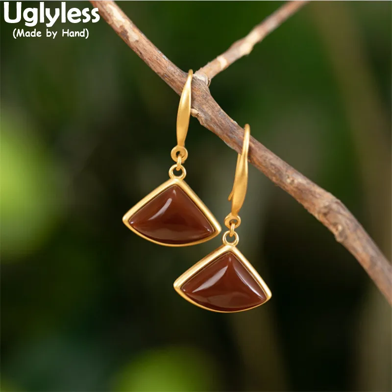 

Uglyless Rounded Triangle Studs Earrings for Women Gold 925 Silver Geometric Sector MINI Earrings Agate Jade Gemstones Jewelry