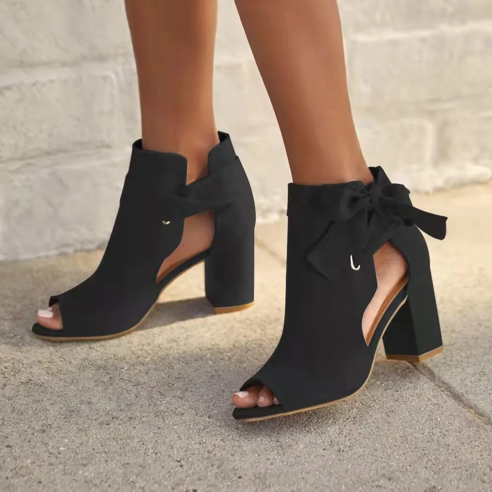 

Hot Black Large Size Bow Female Square Root Leaky Toe Fish Mouth Female High-heeled Sandals Comfortable Female Sandals Heels