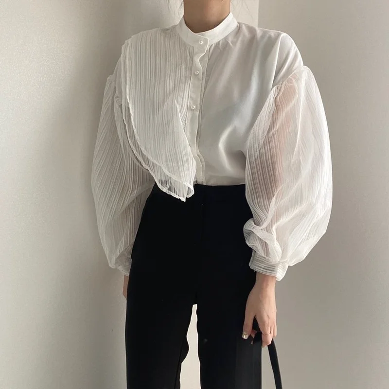 

Y2k Women's Blouse Chiffon White Shirt Summer Solid Loose Long Sleeve Top Fashion Female Clothing Elegant