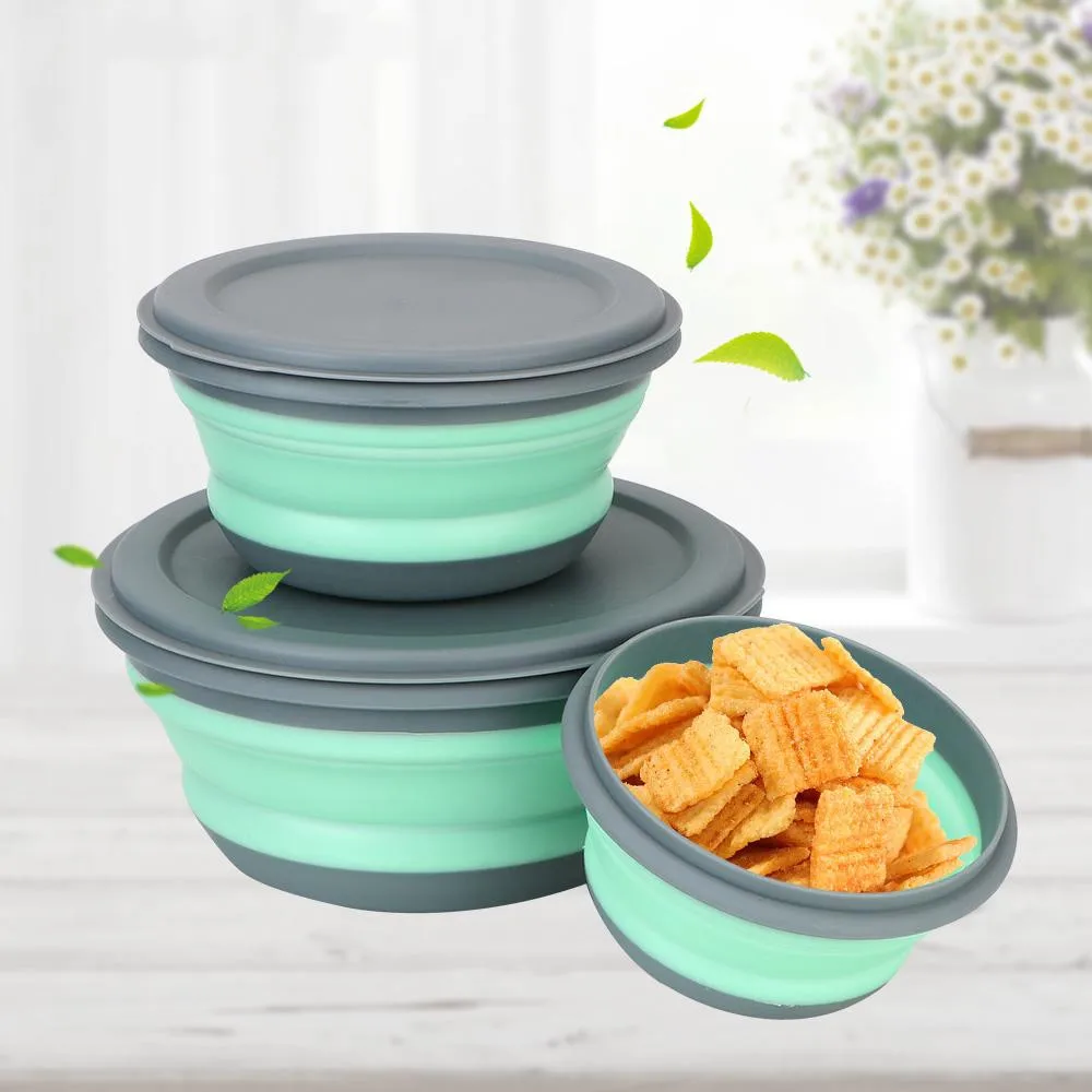 

Foldable Salad Bowl Folding Lunch Box Tableware Set Bowl Sets with Lid Food Container 3Pcs/Set Portable Folding Bowl Silicone