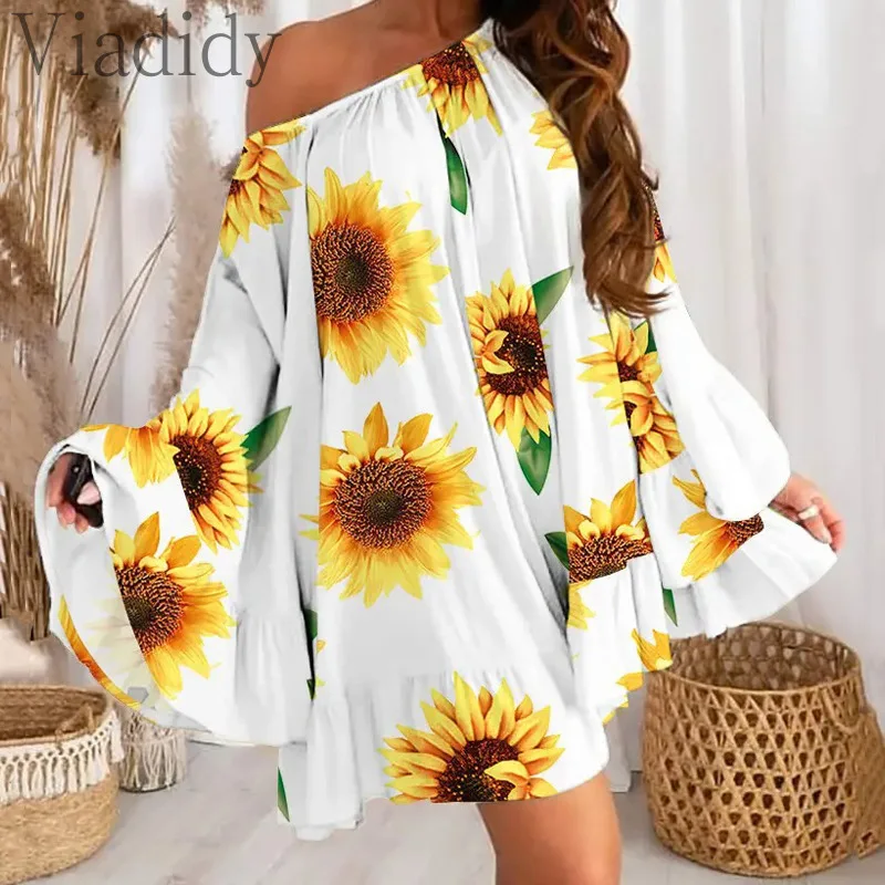 

Women Summer Casual Loose Slash Neck Flare Sleeve Ruffle A-line Dress
