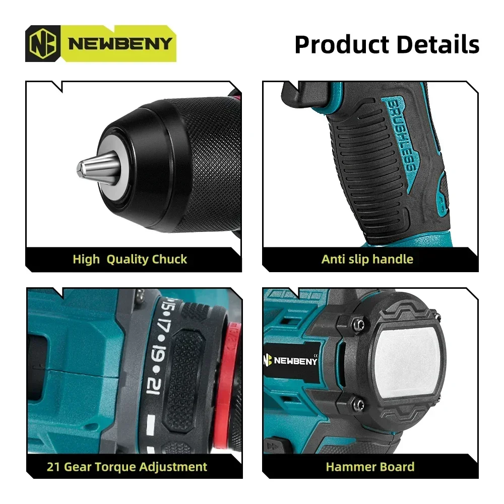 NEWBENY 10 мм 21 + 2 крутящего момента бесщеточная электрическая ударная дрель