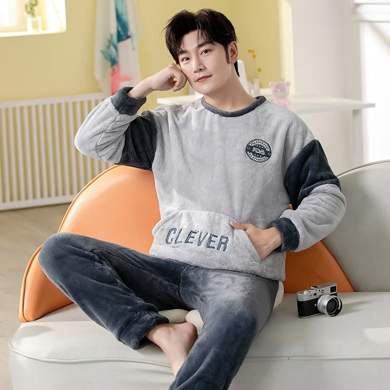 2022 Winter Thick Warm Long Sleeve Flannel Pajama Sets for Men Korean Loose Coral Velvet Sleepwear Pyjamas Homewear Home Clothes