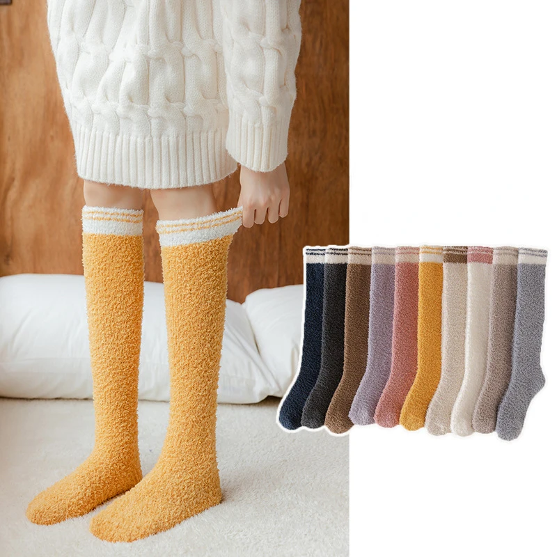New tie-dye coral fleece socks thickened home sleeping socks two bars long calf winter warm floor socks